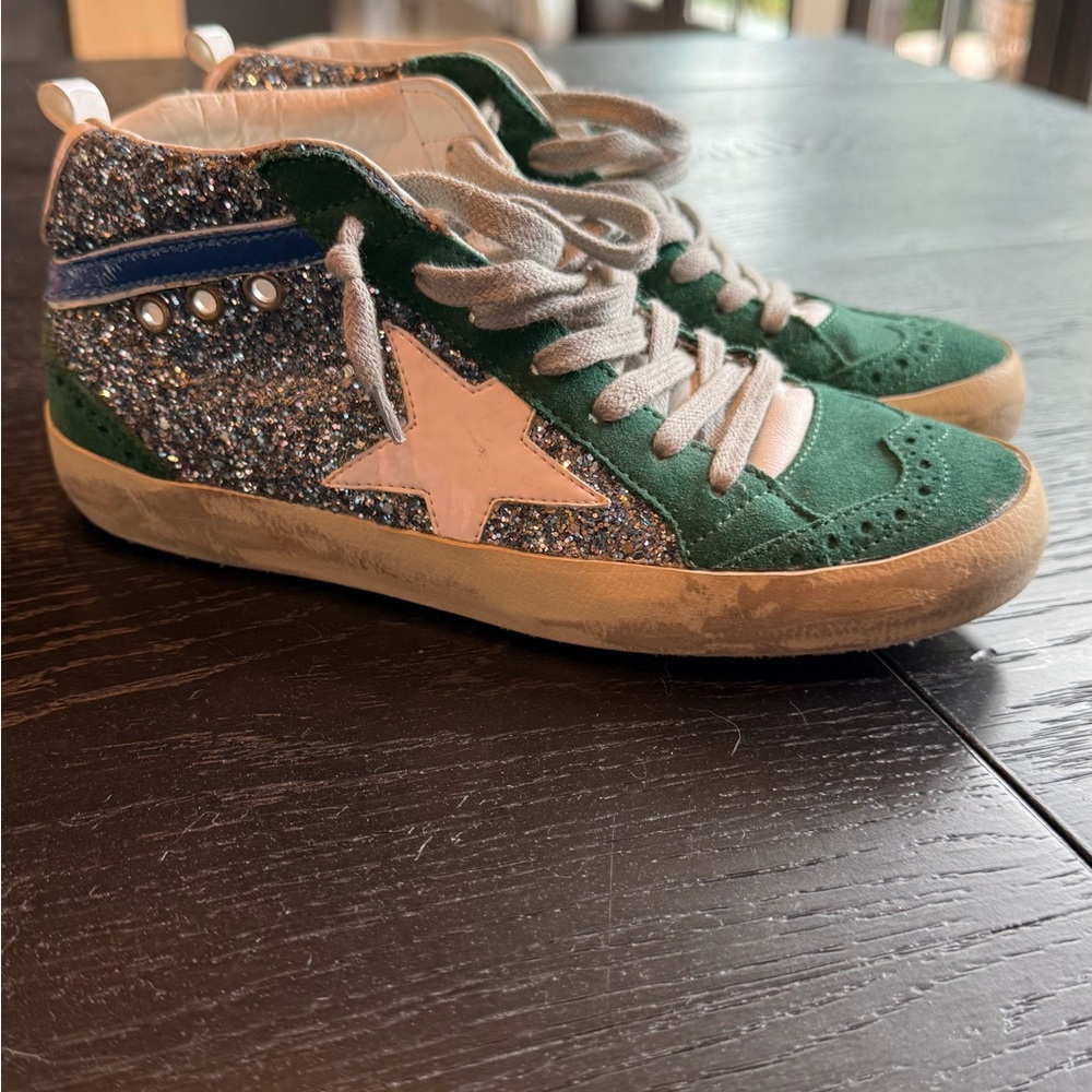 Golden Goose Green and Silver Sneakers with Retro Design
